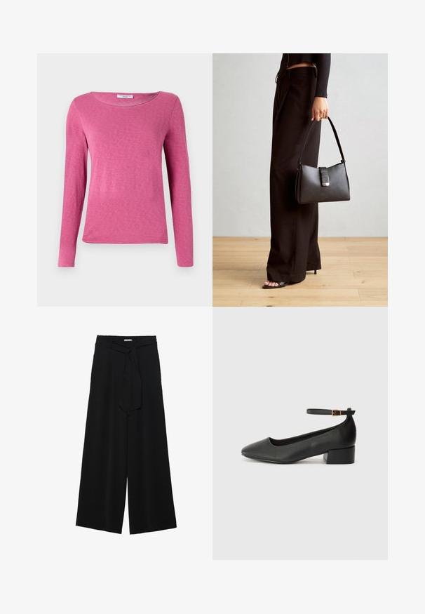 Langärmliges pinkes Oberteil mit rundem Ausschnitt, aus einem weichen, glatten Stoff mit einer subtilen Textur. Keine Muster oder Verzierungen.; Schwarze weite Hosen aus strukturiertem Stoff, mit elastischem Bund und einem abnehmbaren Bindegürtel in der Taille für eine verstellbare Passform.; Schwarze Lederpumps mit spitzem Zehenbereich und niedrigem Blockabsatz. Mit einem Knöchelriemen und einer goldfarbenen Schnalle. Glatte Textur.; Schwarze Handtasche mit strukturierter Form, glatter Textur und einem metallischen Verschluss. Kombiniert mit weiten schwarzen Hosen und offenen Sandalen auf einem Holzboden.