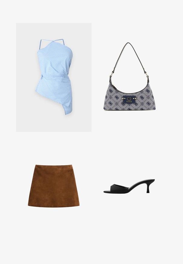 Blauw-wit gestreepte top met een asymmetrische snit, dunne bandjes en een trekkoord in de taille voor een verstelbare pasvorm. Lichtgewicht stof met een gladde textuur.; Bruine suède minirok met een gladde textuur, A-lijn vorm en een schone zoom. Geen zichtbare hardware of patronen. Eenvoudig en elegant ontwerp.; Zwarte hakken mules met een brede, open teen en een gebogen bovenkant. Gemaakt van textuurstof, met een slanke hak en een gladde zool.; Hobo-stijl handtas in marineblauwe stof met een ruitpatroon, voorzien van een logo-plaatje en een soepele schouderriem. Gestructureerd oppervlak.