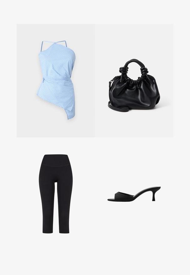 Blauw-wit gestreepte top met een asymmetrische snit, dunne bandjes en een trekkoord in de taille voor een verstelbare pasvorm. Lichtgewicht stof met een gladde textuur.; Zwarte driekwart leggings van rekbare stof, met een hoge tailleband en zonder zichtbare patronen of hardware.; Zwarte hakken mules met een brede, open teen en een gebogen bovenkant. Gemaakt van textuurstof, met een slanke hak en een gladde zool.; Zwarte leren handtas met een geplooid ontwerp, korte ronde handvatten en een afneembare schouderriem. Glad oppervlak met een zachte silhouet.