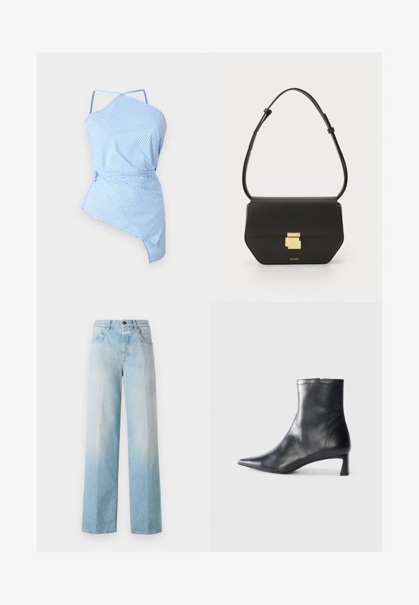 Kék és fehér csíkozott felső aszimmetrikus szabással, vékony pántokkal és állítható derékmegkötővel. Könnyű anyag, sima textúrával.; Világoskék farmer széles szárú nadrág, elhalványodó gradienttel, klasszikus öt zsebes kialakítással és fémből készült gombzárral.; Fekete bőr bokacsizma hegyes orral és letisztult dizájnnal. Alacsony sarka és hátsó cipzáras záródása van. Simának tűnő textúra.; CLOSED CLOSED ONE - Keresztpántos táska - black