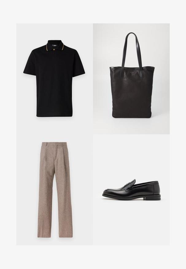 Čierne polo tričko vyrobené z bavlny. Obsahuje zlatý akcent na golieri a dvojitú gombíkovú légu. Krátke rukávy a klasický strih.; Hnedé, vysoké nohavice vyrobené z texturovanej látky. Majú široké nohavice a dva predné záhyby pre štruktúru. Úhľadné spracovanie bez viditeľného kovania.; Čierne kožené mokasíny s hladkou textúrou, zaoblenou špičkou a dekoračným pásikom cez priehlavok. Nízky vrstvený opätok, minimalistický dizajn.; Čierna plátená taška s čiernymi koženými ušami. Jednoduchý dizajn, priestranné telo a hladká textúra. Žiadne viditeľné logo ani vzory.