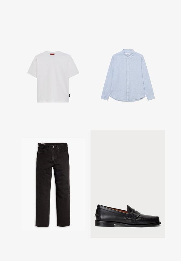 Biela bavlnená tričko s krátkymi rukávmi, okrúhly výstrih a malá čierna logo etiketa na ľavej strane švu. Hladký povrch, klasický strih.; Svetlomodrá košeľa na gombíky s bielymi pruhmi, dlhé rukávy, golier, zaoblený spodný okraj a subtilný detail loga na hrudi. Bavlnený materiál.; Čierne džínsy s rovnými nohavicami, s piatimi vreckami, s rozopínaním na gombík a pútkami na opasok, položené na bielom pozadí.; Čierne kožené mokasíny s okrúhlym nosom, prešívaním a dekoratívnym remienkom vpredu. Plochá podrážka s minimálnym profilom.