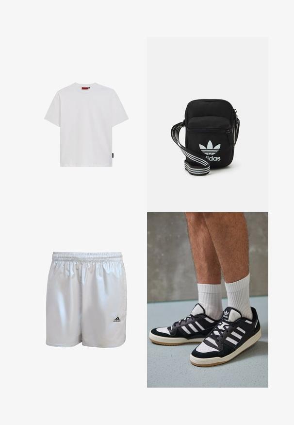 White cotton T-shirt with short sleeves, crew neckline, and a small black logo tag at the left side seam. Smooth texture, classic fit.; adidas Originals SUPERNOVA - Shorts - halo silver; Black and white sneakers with a suede and leather upper, featuring three white stripes, a perforated toe, and a gum rubber sole.; Black fabric crossbody bag with a zipper closure, featuring a white Adidas logo and a striped adjustable strap for easy carrying.