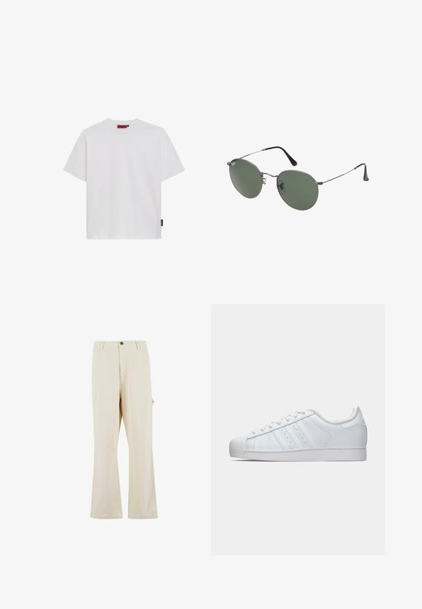 Bela bombažna majica s kratkimi rokavi, okroglo izrezana in z majhno črno etiketo na levi strani šiva. Gladek tekstur, klasičen kroj.; Bež hlače širokih nogavic iz mešanice bombaža z gumbom za zapiranje. Imajo stranske žepe in subtilno teksturo. Vidne so šivane detajle.; Bela usnjena trenerka z teksturiranim gumijastim pokrovom prstov, tremi stranskimi črtami in oblazinjeno ovratnikom. Ravne bele vezalke in minimalistična zasnova.; Sončna očala z ovalnimi zelenimi lečami v kovinskem okvirju. Tanjši srebrni kovinski okvir in črne ušesne konice. Minimalistična zasnova, brez vidnih logotipov.