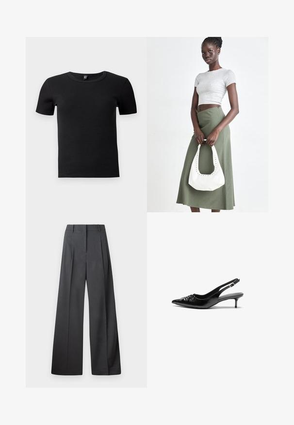 Black short-sleeve t-shirt made from ribbed fabric. Features a classic crew neckline and a fitted silhouette. No additional accents.; Wide-leg trousers in dark gray fabric, featuring a high waist, single pleats, and a smooth texture with a clean finish at the hems.; Black leather slingback heels with a pointed toe, small kitten heel, and a decorative knot detail on the front. Smooth texture throughout.; Gray ribbed crop top and olive green high-waisted skirt. Model holds a white shoulder bag with cut-out detailing. Simple design, fitted silhouette.