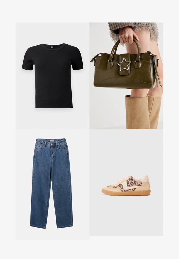 Czarny t-shirt z krótkim rękawem wykonany z prążkowanej tkaniny. Posiada klasyczny okrągły dekolt i dopasowany krój. Brak dodatkowych akcentów.; Klasyczne niebieskie dżinsy o prostym kroju, pięć kieszeni i zapięcie na guzik. Charakteryzują się średnim odcieniem i solidną teksturą.; Sneakers w panterkowym wzorze, z beżową zamszową cholewką, brązową gumową podeszwą i białymi akcentami. Okrągły czubek i sznurowany fason z fakturowym wykończeniem.; Oliwkowa torebka z ekoskóry z srebrnym akcentem w kształcie gwiazdy, podwójnymi uchwytami i zapięciem na zamek. Teksturowana powierzchnia i wyraźnie zarysowany kształt.