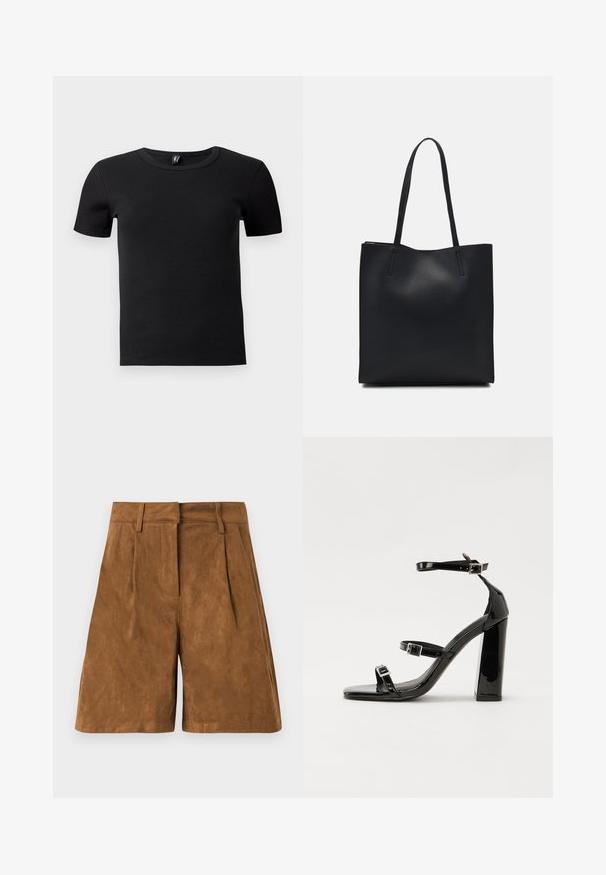 Fekete, rövid ujjú póló bordázott anyagból. Klasszikus környakú fazonnal és testhez simuló sziluettel rendelkezik. Nincs további díszítés.; Barna szuede shorts, sima felülettel, elöl redőkkel, lapos derékrésszel és egyenes szabással.; Fekete lakk magas sarkú szandál négyzet alakú orral, bokapántokkal és ezüst csatokat tartalmaz. Masszív blokk sarka a stabilitásért felel.; Fekete bőrtáska sima felszínnel, téglalap alakú, két hosszú füllel. Nincs látható fémkiegészítő vagy díszítés.