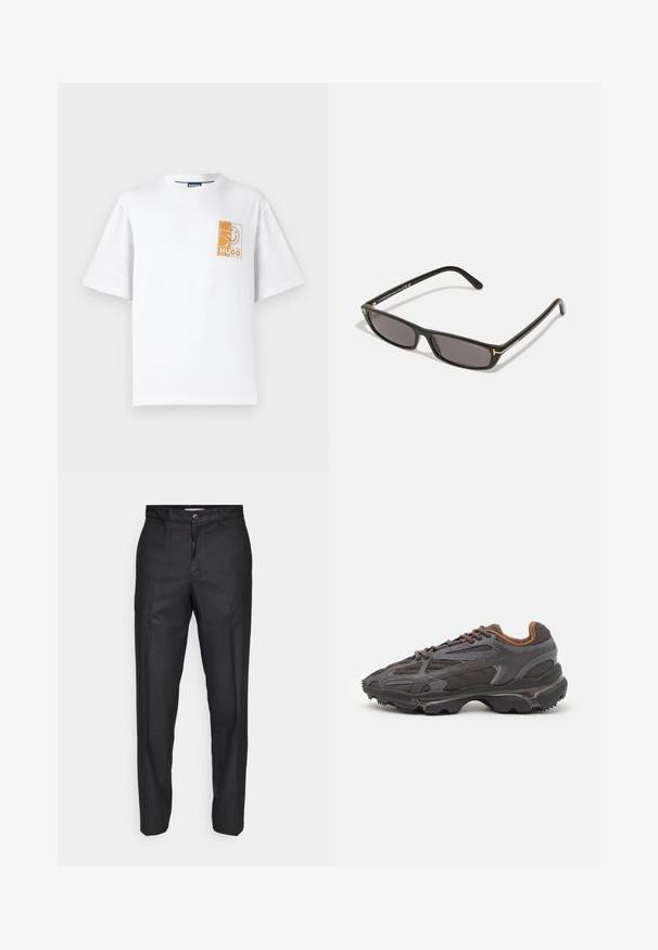 White cotton t-shirt with a crew neck, short sleeves, and a rectangular orange graphic featuring "HUGO" on the left chest area.; Black trousers made of a smooth fabric, featuring a front button closure, straight legs, and no visible pockets or patterns.; Lacoste sneakers in dark gray with mesh and synthetic material, featuring a textured sole and brown accents on the collar and branding.; Black rectangular sunglasses with dark lenses. Plastic frame with a matte finish. Gold accents on the arms and logo branding.