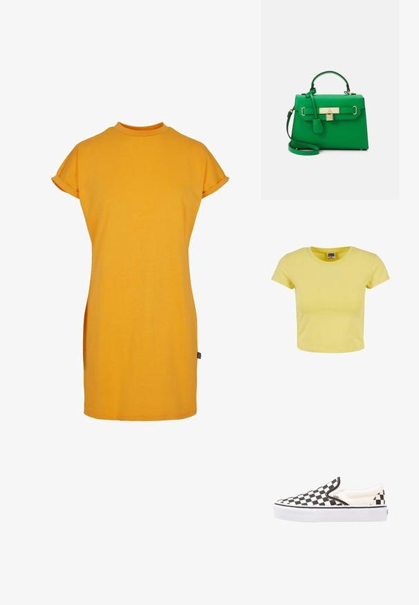 Geel katoenen cropped top met korte mouwen, ronde halslijn en een zachte textuur. Label met "URBAN CLASSICS" zichtbaar aan de halslijn.; Geel t-shirtjurk met een hoge halslijn, korte opgerolde mouwen en een relaxte pasvorm. Zacht katoenen stof met zijsplitten voor gemakkelijke beweging.; Zwart-wit geblokte slip-on Vans schoenen met een canvas bovenwerk, rubberen buitenzool en gewatteerde kraag. Vlakke, ronde neus met witte zoolaccenten.; Groene leren handtas met een gestructureerd ontwerp, gouden hardware, een bovenste handvat en een afneembare schouderband. Beschikt over een slotaccent en een gestructureerde afwerking.