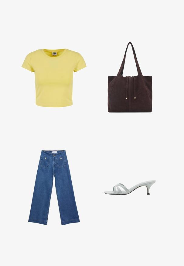 Gul bomulds crop top med korte ærmer, rund udskæring og en blød tekstur. Etiketten mærket "URBAN CLASSICS" er synlig ved udskæringen.; Denim brede ben jeans med en mellemblå vask, to forlommer med knaplukninger og syet detaljering langs sømmene.; Lys grå hælede sandaler med tre krydsspiraler, en slank profil og en tilspidset hæl. Glat tekstur med en let skinnende finish.; Mango Shopping bags - dark brown