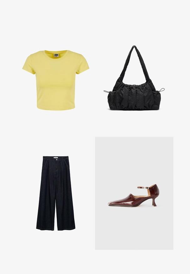 Gul bomulds crop top med korte ærmer, rund udskæring og en blød tekstur. Etiketten mærket "URBAN CLASSICS" er synlig ved udskæringen.; Mørk denim bredbenede bukser med høj talje, der har en frontlukning med knap, to sidelommer og syningsdetaljer.; Bordeaux laklæder sko med spids tå, ankelrem og en 5 cm skrå hæl. Glat tekstur og minimalistisk design.; Sort stof handbag med samlede strukturer, to skulderremme og snorelukning i siderne. Glat, let materiale.