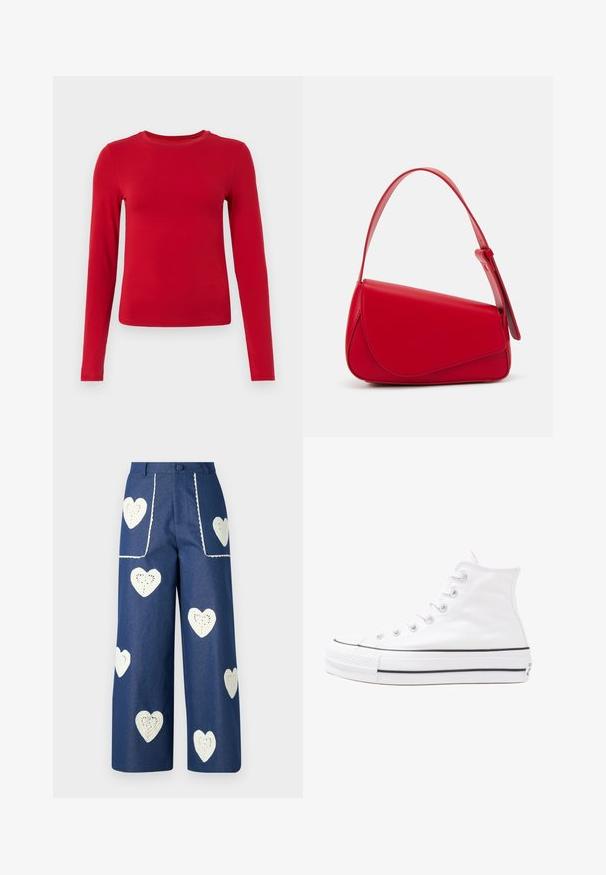 Sarkanais garās piedurknes tops izgatavots no elastīga materiāla, tam ir apaļa izgriezne un pieguļoša siluets. Gluda tekstūra bez redzamām rakstām.; Sister Jane HEART TO HEART - Džinsi ar taisnām starām - blue denim; Balti augstie kanvas sporta apavi ar melnu gumijas zoli, priekšējo gumijas purngalu un sešām acīm lencēm, kuriem ir tīrs, minimālistisks dizains.; Sarkans ādas rokassomi ar stūrainu, ģeometrisku dizainu. Iekļauj vienu regulējamu siksnu un vāku ar izšūtu detaļu.