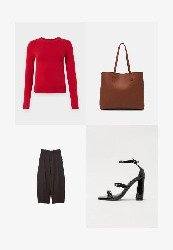 Czerwona bluzka z długim rękawem, wykonana z elastycznego materiału, z okrągłym dekoltem i dopasowanym krojem. Gładka tekstura bez widocznych wzorów.; Czarne spodnie o szerokich nogawkach wykonane z gładkiego materiału, z wysokim stanem, plisami z przodu i bocznymi kieszeniami. Prosty fason bez zdobień.; Czarne lakierowane sandały na wysokim obcasie, z dwoma paskami zapinanymi na klamry, kwadratowy nosek i masywny obcas typu słupek, o gładkiej, błyszczącej fakturze.; Brązowa skórzana torba tote o gładkiej fakturze, z otwartym wierzchem i dwoma ramiączkami. Charakteryzuje się minimalnym przeszyciem i brakiem widocznych elementów metalowych.