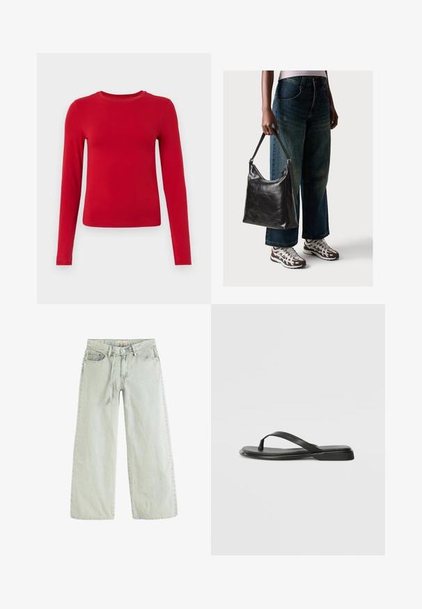 Rode lange mouw top gemaakt van rekbaar materiaal, met een ronde halslijn en een getailleerde pasvorm. Soepele textuur zonder zichtbare patronen.; Levi's® Relaxed fit jeans - capers-0040; Zwarte teenflip-flop van glad leer, met een dunne band en een platte zool met een minimalistisch profiel. Geen opvallende patronen of accenten.; Zwarte leren schoudertas met een gladde textuur en een verstelbare strap, gecombineerd met vervaagde wijde jeans en sportieve sneakers.