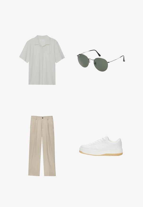 Tricou polo cu mânecă scurtă dintr-un material bej deschis, cu guler, buzunar pe piept și croială lejeră. Textură netedă cu un design minimalist.; Pantaloni bej cu croi drept, dotati cu un singur nasture negru, bucle pentru centură și buzunare laterale. Textură de țesătură netedă și design minimal.; Sneaker alb din piele cu o finisare texturată, având o talpă din cauciuc, un design cu șireturi și accente subtile sub formă de dungi pe laturi.; Ochelari de soare cu ramă metalică, dotati cu lentile ovale verzi. Ramă subțire din metal argintiu și ușițe negre. Design minimalist, fără logo-uri vizibile.