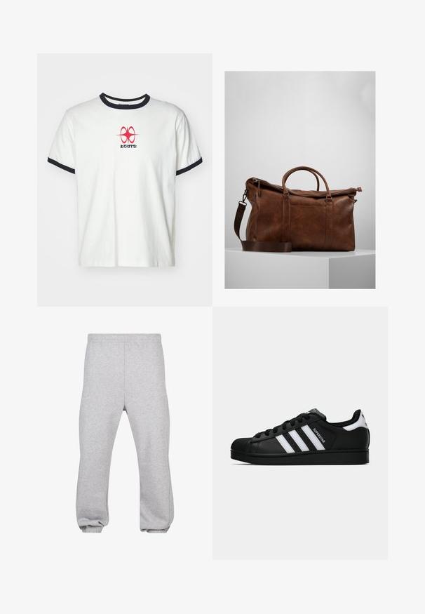 T-shirt en coton blanc à manches courtes, col rond côtelé bleu marine, avec un design graphique rouge sur la poitrine arborant le mot "BEATS."; Pantalons de survêtement gris en mélange de coton, dotés d'une taille élastique, de jambes fuselées et d'ourlets côtelés. Design simple sans motifs.; Baskets Adidas Superstar noires avec rayures blanches, bout en coque, et texte "Superstar" sur le côté, montrées en profil sur fond blanc.; Sac de voyage en cuir marron avec fermeture éclair, doubles poignées, bandoulière réglable et motifs de texture visibles sur la surface.