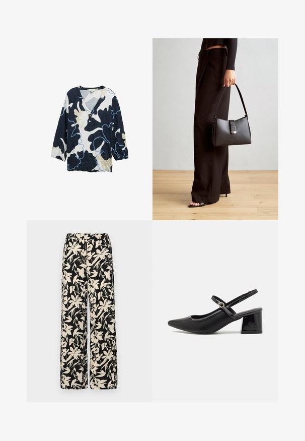 Navy blauwe, crèmekleurige en lichtblauwe patroon shirt met een V-halslijn, driekwartmouwen en twee knopen aan de voorkant. Gekreukt textuur.; Zwarte wijde broek met een crèmekleurig bloemenpatroon. Gemaakt van lichtgewicht stof, met een zachte textuur en een hoge tailleband.; Zwarte gepolijste leren slingback hakken met een spitse neus, een ronde uitsnede en een blokhak. Voorzien van een gouden gespaccent.; Zwarte handtas met gestructureerde vorm, gladde textuur en een metalen sluiting. Gecombineerd met brede zwarte broeken en sandalen met open teen op een houten vloer.