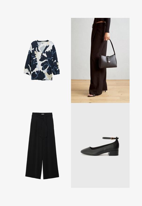 Navy blauwe, crèmekleurige en lichtblauwe patroon shirt met een V-halslijn, driekwartmouwen en twee knopen aan de voorkant. Gekreukt textuur.; Zwarte wijde broek van textuurstof, met een elastische tailleband en een afneembare sjaalstrik in de taille voor een verstelbare pasvorm.; Zwarte leren pump met een spitse neus en een lage blokhak. Beschikt over een enkelband met een goudkleurige gespsluiting. Gladde textuur.; Zwarte handtas met gestructureerde vorm, gladde textuur en een metalen sluiting. Gecombineerd met brede zwarte broeken en sandalen met open teen op een houten vloer.