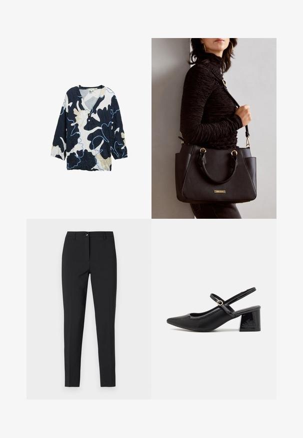 Námornícky modrá, krémová a svetlo modrá košela so vzorom, s véčkovým výstrihom, trojštvrťovými rukávmi a dvoma gombíkmi vpredu. Rybársky textúra.; Čierne priliehavé nohavice z hladkej tkaniny s klasickým pásom, predným zipsom a bočnými vreckami s elegantným, prispôsobeným strihom.; Čierne lakované kožené lodičky so slingback dizajnom, špicatou špičkou, zaobleným výrezom a blokovým podpätkom. Obsahuje akcent zlatého tónu s prackou.; Čierna kabelka s textúrovaným povrchom, dvojitými hornými rúčkami a nastaviteľným ramenným popruhom. Obsahuje zlaté kovanie a bočné vrecká.
