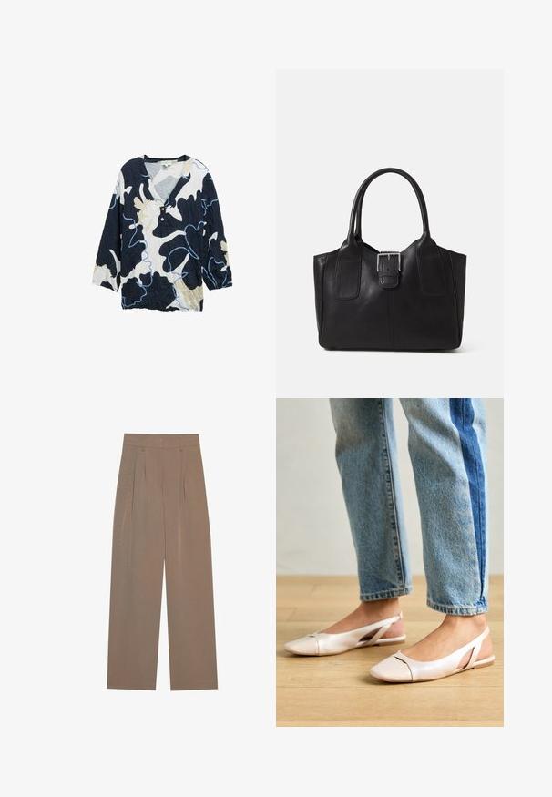 Dunkelblaues, cremefarbenes und hellblaues gemustertes Hemd mit V-Ausschnitt, drei Viertelärmeln und zwei Knöpfen an der Vorderseite. Gekräuselte Textur.; Braune plissierte Hosen im weit geschnittenen Design, mit einem flachen Bund und seitlichen Taschen, aus einem leichten Stoff gefertigt.; Blassrosa Slingback-Ballerinas mit spitzem Punkt, aus einem glatten, lederähnlichen Material. Mit Ausschnitten an den Seiten und einem flachen Absatz.; Schwarze Leder-Tote mit glatter Textur, strukturiertem Design, zwei Griffen und einem auffälligen silbernen Schnallen-Detail auf der Vorderseite.