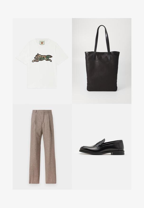 Valge puuvillane T-särk, millel on suur, hüppav rebane kamuflaaživärvides, musta joonistusega. Lühikesed varrukad ja ümmargune kaelus.; Prunnid, kõrge vöökohaga püksid, mis on valmistatud tekstureeritud kangast. Omavad laiu jalgu ja kahte eesmist voldikut struktuuri jaoks. Korralik viimistlus, ilma nähtava riistvarata.; Mustad mustad nahast loafers sileda tekstuuriga, ümarat ninaosa ja dekoratiivne riba vampi üle. Madal kihiline konts, minimalistlik disain.; Mustmust kott mustade nahkade käepidemetega. Lihtne disain, avar keha ja sile tekstuur. Pole nähtavaid logosid ega mustreid.