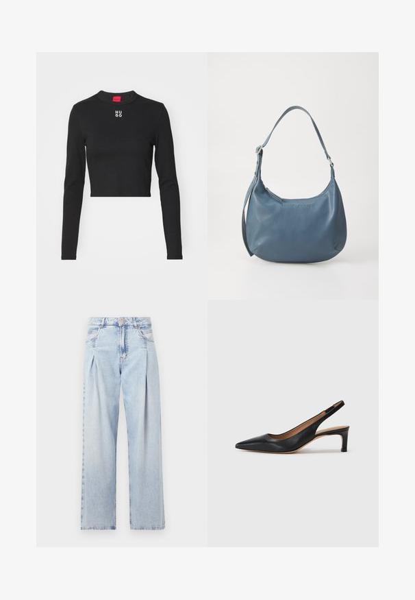Crop top negru cu mânecă lungă, realizat dintr-un material neted, având un guler rotund și logo-ul alb "HUGO" plasat la mijlocul pieptului.; Jeans din denim albastru deschis cu talie înaltă, croială evazată, două buzunare laterale și un design pliat. Textură moale cu un finisaj decolorat.; Pantofii slingback din piele neagră, cu vârf ascuțit, toc jos și o textură netedă. Prezintă o curea subțire, ajustabilă, pentru o fixare sigură.; Geantă de umăr din piele albastră, cu o formă rotunjită, bretea unică, închidere cu fermoar și numele brandului embosat pe față. Textură netedă.