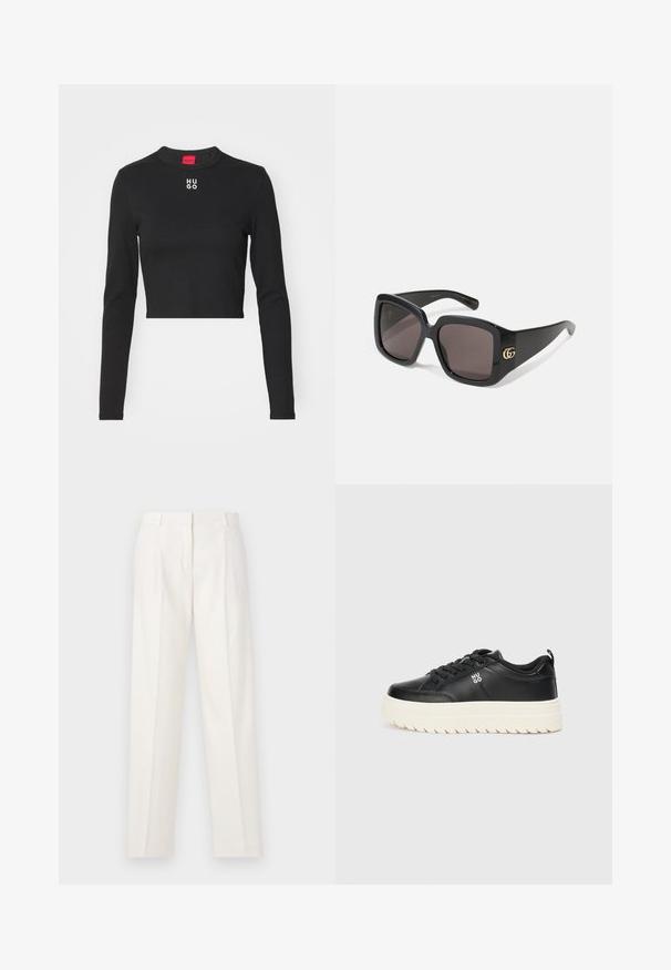 Top court à manches longues noir en tissu lisse, avec un col rond et un logo "HUGO" blanc au centre de la poitrine.; Pantalons blancs en lin, à coupe droite, avec des plis doubles à l'avant et une texture lisse. Pas de poches ni de matériel visible.; Baskets en cuir noir avec une semelle blanche épaisse, embout rond et lacets plats ; arbore le logo "HUGO" sur le côté et une semelle texturée pour l'adhérence.; Lunettes de soleil noires surdimensionnées avec des verres foncés, monture en plastique brillant, forme carrée arrondie et logo GG entrelacé doré sur le côté.