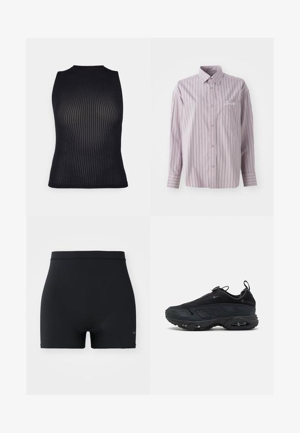 Black ribbed knit sleeveless top with a high neckline and textured detailing, featuring a fitted shape that contours to the body.; Button-up shirt in lavender with vertical stripes in dark gray. Features a small chest pocket and embroidered logo on the left side.; Black sports shorts made of smooth, elastic material, featuring a mid-rise waistband and a small Nike logo on the left side.; Black sneakers with a textured mesh upper, rubber sole, and visible air cushioning. Features straps and perforated accents for breathability.