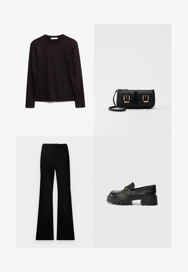 Juoda ilgomis rankovėmis apvalia iškirpte marškinėliai, pagaminti iš tekstūruotos medžiagos, turintys tiesų apatinį kraštą ir siuvinėtų detalių ant apykaklės ir petį.; Juodos platėjančios kelnės su lygiu paviršiumi, pritaikyta juosmeniu ir priekinių kišenių dizainu, sukurtos su modernia, elegantiška siluetu.; Juodi odiniai loafers batai su masyviu padu, papuošti auksiniu akcentu priekyje ir lygiu paviršiumi. Masyvi protektoriaus dizaino išvaizda padais.; Juodas odinis per petį nešiojamas krepšys su dviem priekiniais kišenėmis, auksiniais sagtimis, užtrauktuko uždarymu ir siauromis petnešomis. Textūruota paviršius ir kompaktiškas stačiakampis formatas.