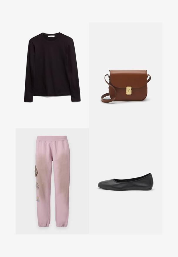 Black long-sleeve crew neck t-shirt made of textured fabric, featuring a straight hem and stitched accents on the collar and shoulders.; Pink sweatpants with an elastic waistband, featuring decorative patches in diamond shapes on the left side and elastic cuffs at the ankles.; Black leather ballet flat with a rounded toe, smooth texture, minimal stitching detail, and a flexible sole design.; Brown leather handbag with a flap closure, gold-tone hardware, a shoulder strap, and a smooth texture. Compact rectangular shape.