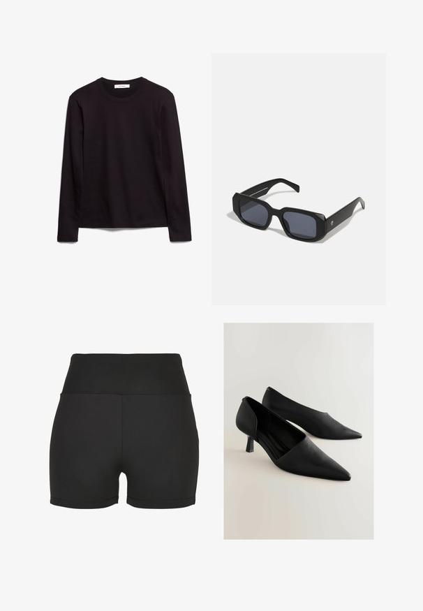 Svart långärmad t-shirt med rund halsringning, tillverkad av texturerad tyg, med rak nederkant och sydda detaljer vid kragen och axlarna.; Svarta högmidjade träningsshorts gjorda av slät, elastisk material. Har lena sömmar och en åtsittande design, perfekt för aktivt bruk.; Svarta läder högklackade skor med spetsig tå, har en minimalistisk design och en kort, fyrkantig klack. Slät textur och elegant silhuett.; Svarta rektangulära solglasögon med matt yta, som har mörka linser och tjocka, kantiga bågar. Minimalistisk design utan synliga logotyper.