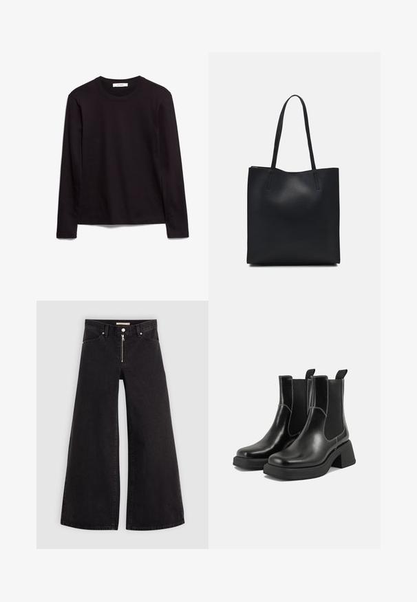 Tricou negru cu mânecă lungă și gât rotund, realizat dintr-un material texturat, având un tiv drept și accente cusute la guler și umeri.; Jeans cu picioare largi din denim negru, cu fermoar în față, design cu cinci buzunare și detalii subtile de cusătură. Textură netedă și stil casual.; Botine Chelsea din piele neagră, cu toc masiv, panouri laterale elastice și cusături albe contrastante. Finisaj texturat.; Geantă tote neagră din piele, cu textură netedă, formă rectangulară și două mânere lungi. Fără hardware vizibil sau ornamente.