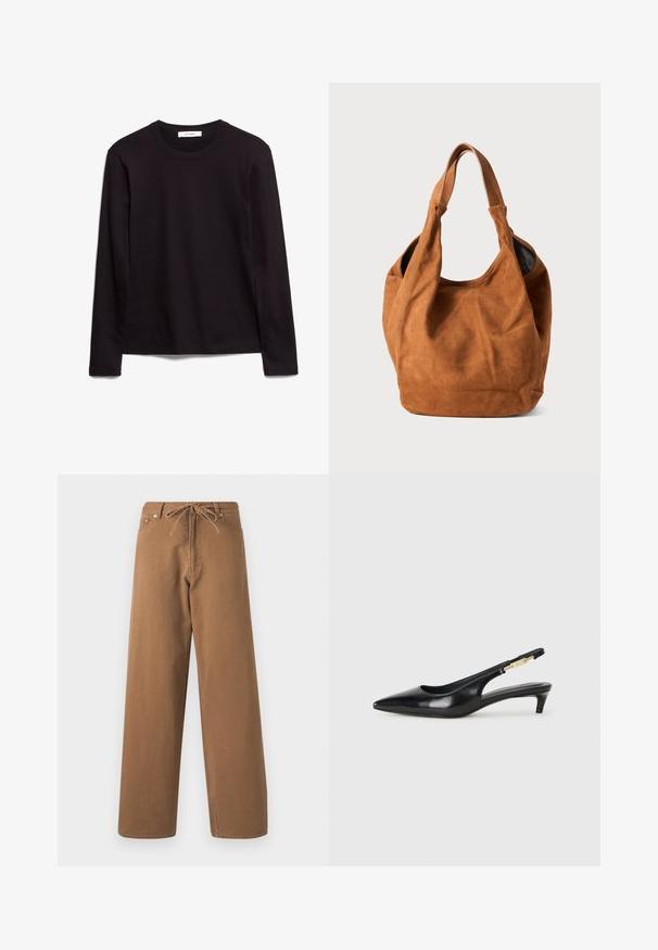 Zwarte langemouwen crewneck t-shirt van textuurstof, met een rechte zoom en gestikte accenten op de kraag en schouders.; Paarse wijde broek gemaakt van katoen, met een verstelbare tailleband en twee voorzakken. Geweven stof met een gladde afwerking.; Zwarte leren slingback hakken met een spitse neus, voorzien van een slanke hak en een goudkleurige accent op de verstelbare band. Gladde textuur.; Bruine suède schoudertas met een zachte textuur, gebogen vorm en twee handvatten. Heeft een minimalistisch ontwerp zonder zichtbare hardware of accenten.