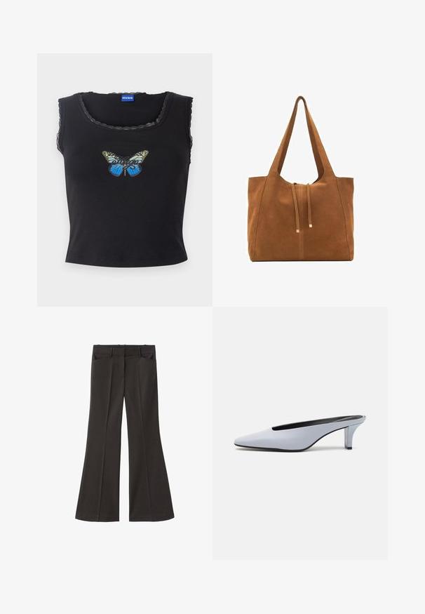 Črn oprijet top brez rokavov s valovitim robom, ki vključuje barvit grafikon metulja in napis "Hugo" v pisavi. Gladek bombažen material.; Črne razširjene hlače z visokim pasom; vključujejo dva sprednja žepa in gladko teksturo tkanine. Primerne za različne priložnosti.; Svetlo modre lakirane mule s poudarjenim nosom, nizkim prozornim petam in elegantnim dizajnom z izrezom na sprednjem delu.; Rjava semiš torba z dvema dolgima ročajema, z vrvico za zapiranje in minimalističnim dizajnom. Gladka tekstura in brez vidnih kovinskih dodatkov.