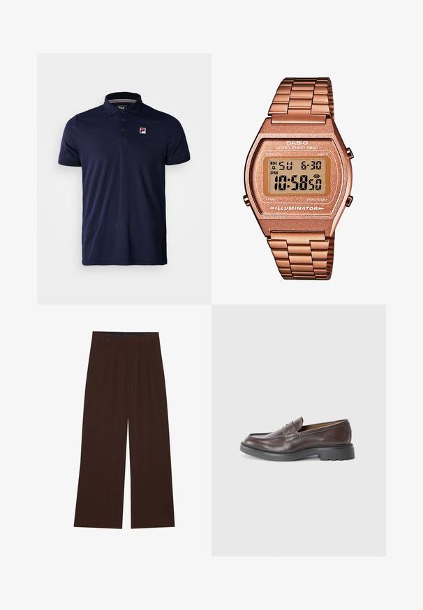 Mörkblå pikétröja gjord av slät tyg, med en knappslå med tre knappar, ribbade kragar och en liten FILA-logotyp på vänster bröst.; Bruna vida byxor med veck. Tillverkade av ett mjukt tyg, med skräddarsydd midja och sidofickor. Slät fåll längst ner.; Bruna läderloafers med en slät yta, rund tå, minimal sömnad och en tjock svart gummisula. Inga synliga beslag eller detaljer.; Digital Casio-klocka med armband i roséguld, rektangulärt hölje, belyst display och vattentålighet, som visar tid och datum.