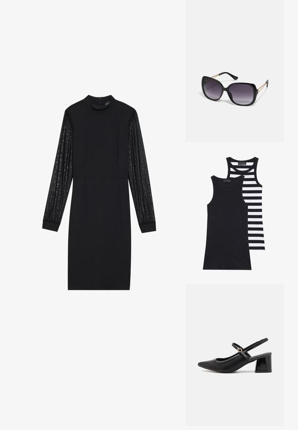 Black and white tank tops, one solid black and the other featuring horizontal black and white stripes. Both are ribbed and sleeveless.; Black dress with a fitted bodice and long sheer textured sleeves. Features a high neckline and a simple, streamlined silhouette.; Black patent leather slingback heels with a pointed toe, a rounded cutout design, and a block heel. Features a gold-tone buckle accent.; Black oversized sunglasses with gradient lenses, thick frames, and gold-tone chain detailing on the temple arms.; Black tote bag made of synthetic material, featuring simple rectangular design, gold square accents, and double handles.