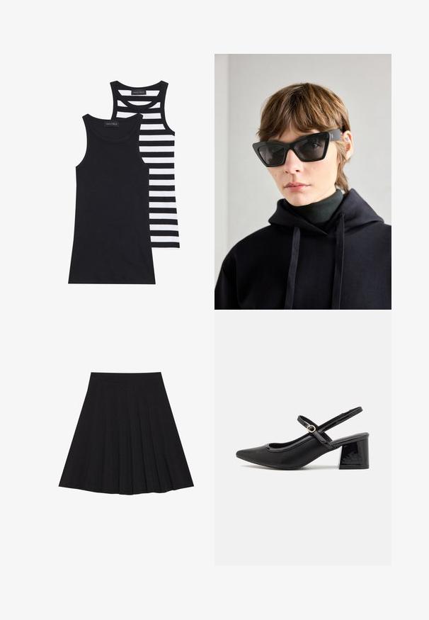 Zwart-witte tanktops, één volledig zwart en de andere met horizontale zwart-witte strepen. Beide zijn geribbeld en zonder mouwen.; Zwarte plisseerok van een gestructureerde stof met een aansluitende tailleband. Valt tot op de knie en heeft een gladde, strakke silhouette.; Zwarte gepolijste leren slingback hakken met een spitse neus, een ronde uitsnede en een blokhak. Voorzien van een gouden gespaccent.; Zwarte cat-eye zonnebril met donkere lenzen, met een gedurfde, hoekige vorm. Gemaakt van glad plastic met een glanzende afwerking en logo-accenten.