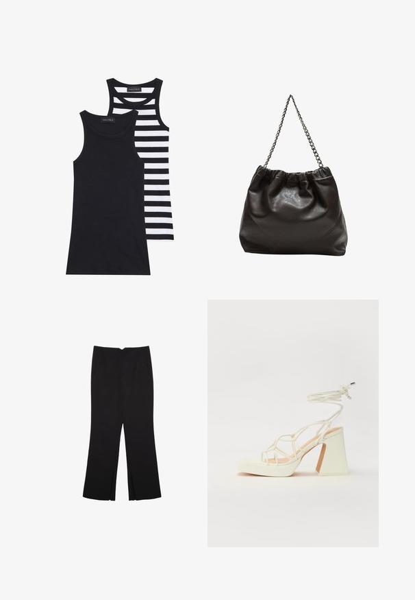 Mustat ja valkoiset hihattomat toppit, toinen täysin musta ja toinen vaakasuorilla mustilla ja valkoisilla raidoilla. Molemmat ovat ribattu.; Mustat housut suoralinjaisella leikkauksella, joissa on etutaskut ja sivurei'ät helman alla. Valmistettu pehmeästä ja sileästä kankaasta. Sopii eri tilaisuuksiin.; Valkoinen korkokenkä, jossa on paksu korko, ja joka sisältää nauhakiinnityksen ja nilkkaketjun. Sujuva pinta, jossa on platform-etupohja lisäkorkeutta varten.; Ruskea nahkainen laukku, jossa on kerätty yläosa ja ketjuhihna. Tasainen pinta, jossa kiiltävä viimeistely ja hienovaraiset sauman yksityiskohdat sivuilla.