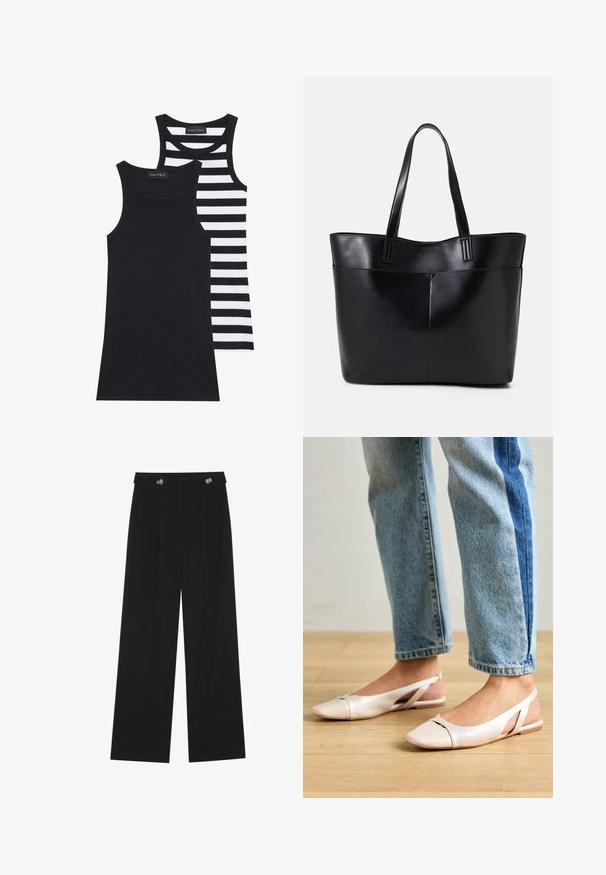 Sorte og hvite tank topper, en helt svart og den andre med horisontale svarte og hvite striper. Begge er ribbet og uten ermer.; Svart vide bukser med høy midje, knappdetaljer på midjebåndet og frontplisser.; Lys rosa slingback leiligheter med spiss tå, laget av et glatt, læraktig materiale. Har utskjæringer på sidene og lav hæl.; Svart lær toteveske med to lange håndtak, en glatt tekstur og en strukturert form. Har en frontlomme for ekstra oppbevaring.