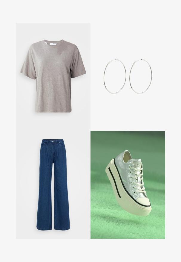 Svetlošedé tričko s krátkym rukávom vyrobené z mäkkej látky, s okrúhlym výstrihom a voľným strihom, bez výrazných vzorov či akcentov.; Široké modré denimové džínsy s vysokým pásom, predným zapínaním na gombík a zips a prednými a zadnými vreckami na jednofarebnom pozadí.; Metalické strieborné tenisky s platformovou podrážkou, bielymi šnúrkami a čiernymi akcentmi. Majú zaoblenú špičku a texturovanú gumovú podošvu.; Strieborné kruhové náušnice s hladkým, okrúhlym dizajnom a lesklým povrchom. Sú tenké a ľahké, s jednoduchým uzáverom.