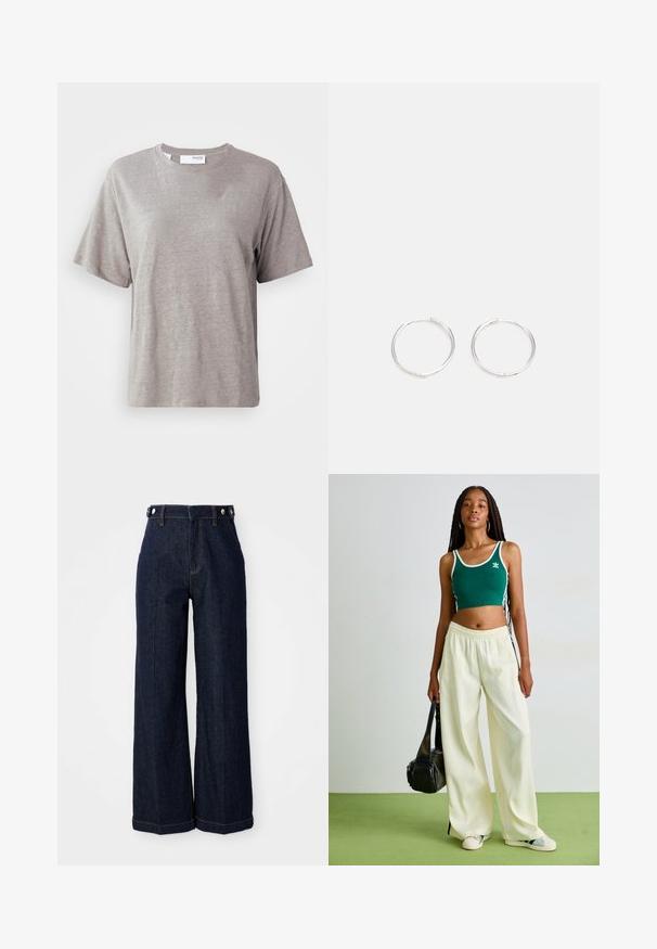 Világosszürke, rövid ujjú póló, puha anyagból készült, kerek nyakkivágással és laza szabással, feltűnő minták vagy díszítések nélkül.; Sötétkék, bő szárú farmernadrág, magas derékkal, öt zsebes kialakítással és kontrasztos narancssárga varrással.; Zöld, rövidített pántos felső fehér díszítéssel, széles lábú krém színű nadrággal párosítva. A modellen egy kis fekete táska van. Egyszerű sportcipő.; Ezüst karika fülbevalók, letisztult, kerek formával, sima felülettel és látható díszítés nélkül. A átmérő nem megadott.