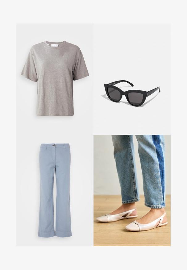 Világosszürke, rövid ujjú póló, puha anyagból készült, kerek nyakkivágással és laza szabással, feltűnő minták vagy díszítések nélkül.; Világoskék vászon nadrág egyenes szárakkal, gombos záródással és felhajtott szegéllyel. Simás textúra, hétköznapi viseletre tervezve.; Világos rózsaszín slingback laposlábú cipők, hegyes orral, sima bőrhatású anyagból készült. Oldalt kivágott részletek találhatók rajta, valamint lapos sarkú.; Fekete macskaszem napszemüveg matt felülettel, szürke árnyalatú lencsékkel, éles vonalakkal és karcsú oldalsó karokkal. A márkaneve látható a belső karon.