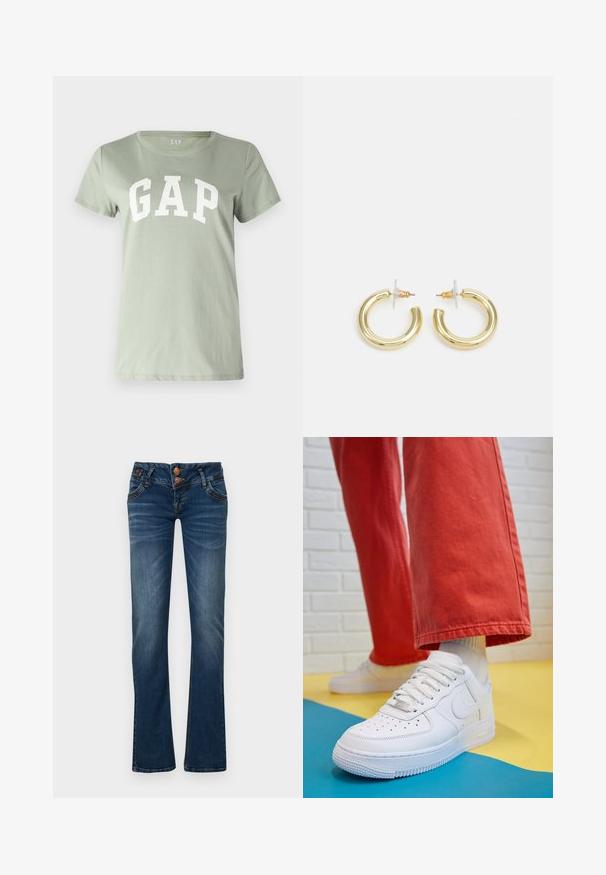 GAP TEE - T-Shirt print - desert sage; Dunkelblaue Bootcut-Jeans mit zwei vorderen Knöpfen, fünf Taschen und feinem Verblassen an Oberschenkeln und Knien.; Weiße Leder-Sneaker mit perforiertem Zehenbereich, strukturiertem Sohlen und weißen Schnürsenkeln, kombiniert mit weiten roten Hosen und einem blauen und gelben Hintergrund.; Goldene Creolen mit einer glatten, glänzenden Oberfläche. Zirkuläres Design mit einem kleinen Stecker und einer klaren Rückseite für einen sicheren Sitz.