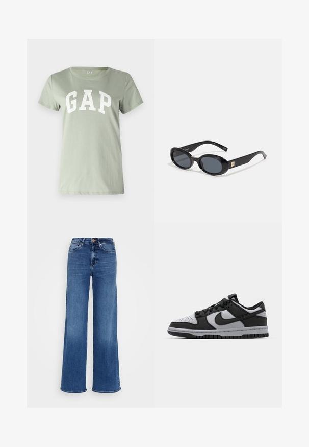 GAP - T-shirt z nadrukiem; Jasnoniebieskie dżinsy z wysokim stanem i szerokimi nogawkami, z zapięciem na guzik i zamek, oraz kieszeniami z przodu i z tyłu, na jednolitym jasnoszarym tle.; Czarno-szare trampki Nike Dunk w niskim kroju z perforowanym noskiem, gładkimi skórzanymi akcentami oraz gumową podeszwą z teksturowanym wzorem bieżnika.; Czarne owalne okulary przeciwsłoneczne z ciemnymi soczewkami, błyszcząca plastikowa oprawka, szerokie zauszniki i mały złoty akcent z jednej strony.