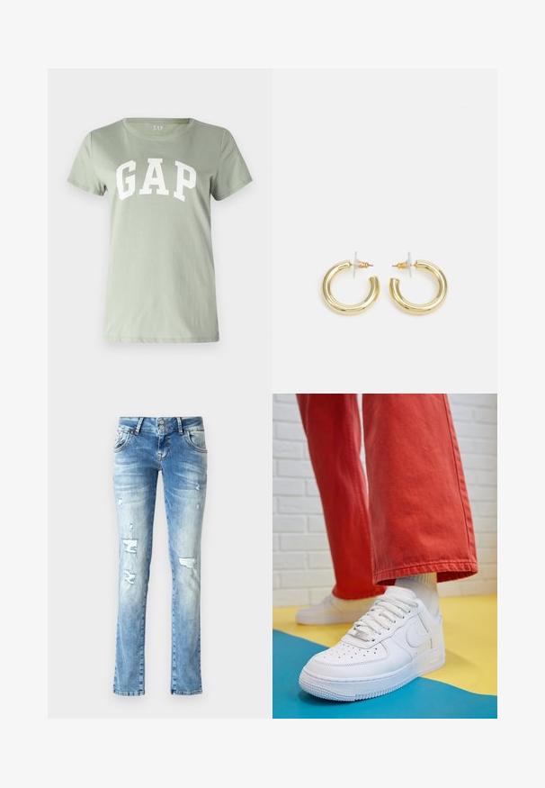 GAP TEE - T-shirt imprimé - desert sage; Jeans en denim bleu clair avec une coupe décontractée, présentant des détails usés, une braguette à boutons avec deux boutons et des jambes droites.; Baskets blanches en cuir avec une boîte à orteils perforée, semelle texturée et lacets blancs, associées à un large pantalon rouge et un fond bleu et jaune.; Boucles d'oreilles en or avec une finition lisse et brillante. Design circulaire présentant un petit clou et une attache transparente pour un port sécurisé.