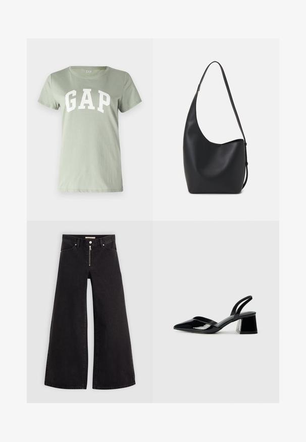 GAP TEE - T-shirts print - desert sage; Vide ben jeans i sort denim med lynlås foran, fem lomme-design og subtile stikninger. Glat tekstur og afslappet stil.; Sorte patentlæder slingback hæle med spids tå og en geometrisk blok hæl. Har et elegant, minimalistisk design og en glat tekstur.; Sort læder hobo taske med en glat overflade, buet form og en enkelt justerbar rem; har en bred åbning øverst.