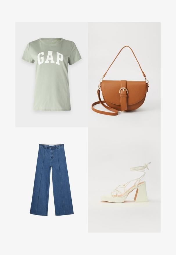 GAP TEE - T-shirt con stampa - desert sage; Jeans in denim a gamba larga di blu medio, con vita alta, chiusura con bottone e dettagli delle cuciture verticali a contrasto lungo la parte anteriore.; Sandalo bianco con tacco alto, caratterizzato da un design a cinturini e un legaccio alla caviglia. Texture liscia con una piattaforma frontale per un'altezza aggiuntiva.; Borsa a tracolla in pelle marrone con forma curvata, hardware dorato e un dettaglio con fibbia. Presenta una tracolla rimovibile.