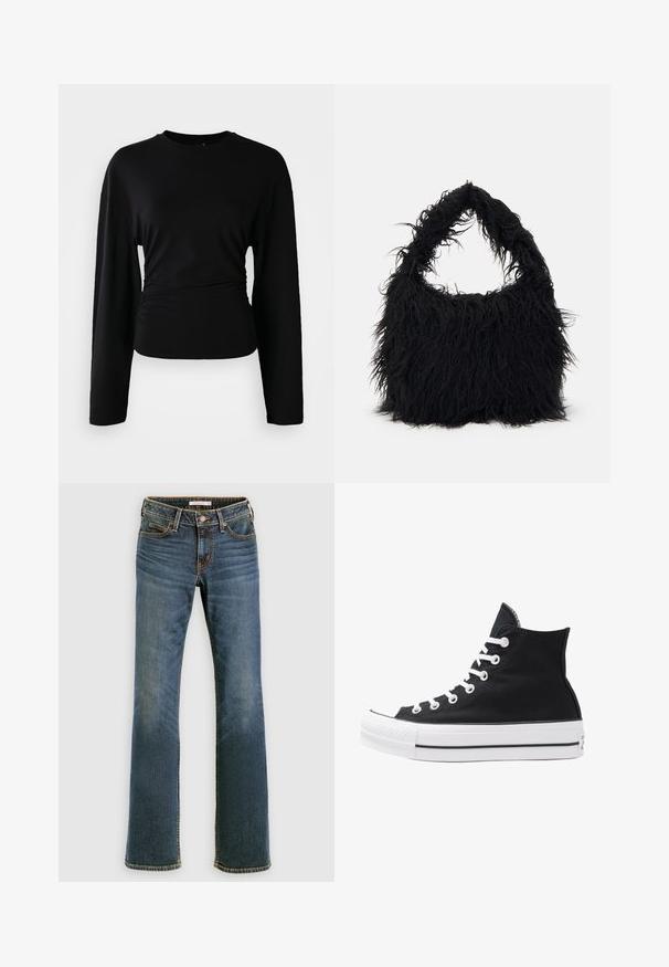 Black long-sleeve top made from soft fabric. Features a rounded neckline and gathered detail at the waist. Smooth texture, fitted design.; Blue denim bootcut jeans with front and back pockets, button and zipper closure, and subtle faded detailing on thighs and knees.; High-top black canvas sneaker with white eyelets, laces, and rubber sole. Features a textured toe cap and black and white stripe accents.; Even&Odd Tote bag - black