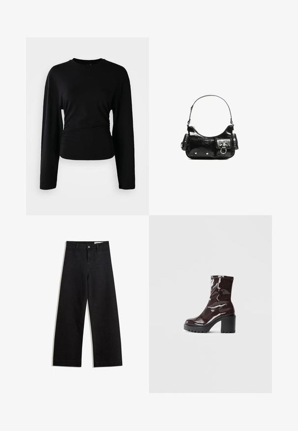 Zwarte lange mouwen top van zachte stof. Heeft een ronde halslijn en gathered detail bij de taille. Gladde textuur, getailleerd ontwerp.; Zwarte denim broek met wijde pijpen en een hoge taille, voorzien van voor- en achterzakken, gestikte naden en een knoopsluiting. Gladde textuur.; Glanzende bordeauxrode enkelboot met een chunky zwarte hak, met een gladde textuur en een eenvoudig ontwerp. Geen zichtbare sluitingen of patronen.; Zwarte laarzen in lakleer met een gebogen vorm, één schouderband, voorvakken en accenten in zilverkleurig metaal.