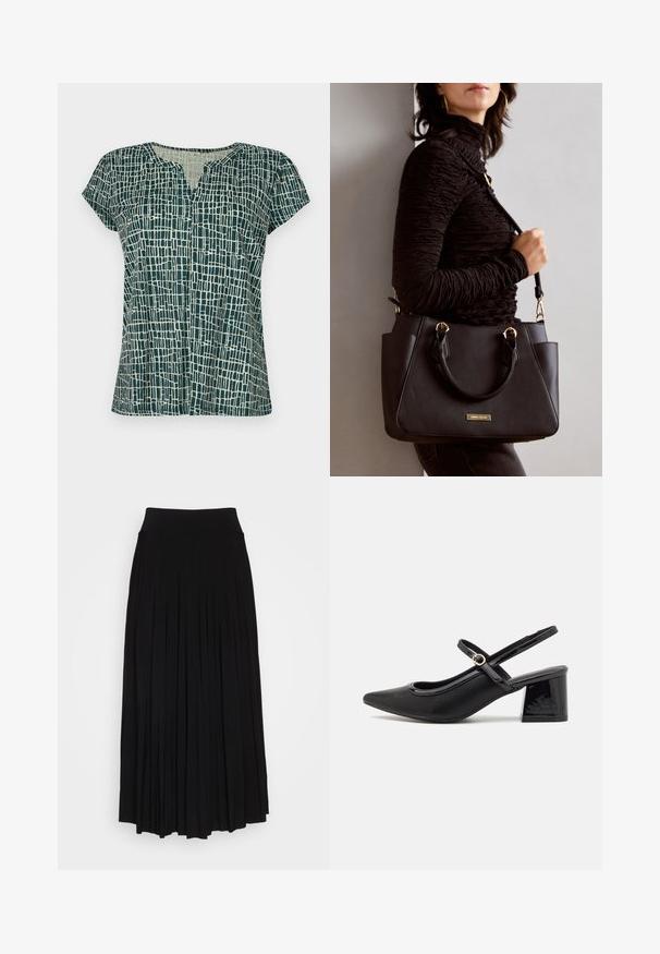 Haut à manches courtes de couleur vert foncé avec un motif de grille abstrait de couleur claire, doté d'un col en V et d'une coupe décontractée. Texture de tissu douce.; Jupe plissée noire avec une taille haute et extensible. Fabriquée en tissu doux, elle présente des plis verticaux pour une silhouette fluide.; Escarpins slingback en cuir verni noir avec un embout pointu, un design à découpes arrondies et un talon carré. Présente un accent de boucle en ton doré.; Sac à main noir avec surface texturée, deux poignées supérieures et bandoulière réglable. Doté de quincaillerie dorée et de poches latérales.